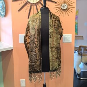 Vintage Whimsigoth Scarf Wayne Kleski Shawl Sheer Velvet Beaded Fringe Boho Chic